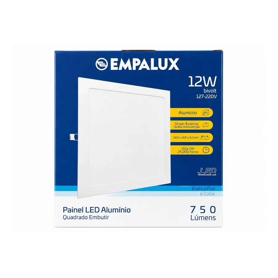 Painel LED Quadrado De Embutir 6000K — 12 W · 127/220 V (bivolt)