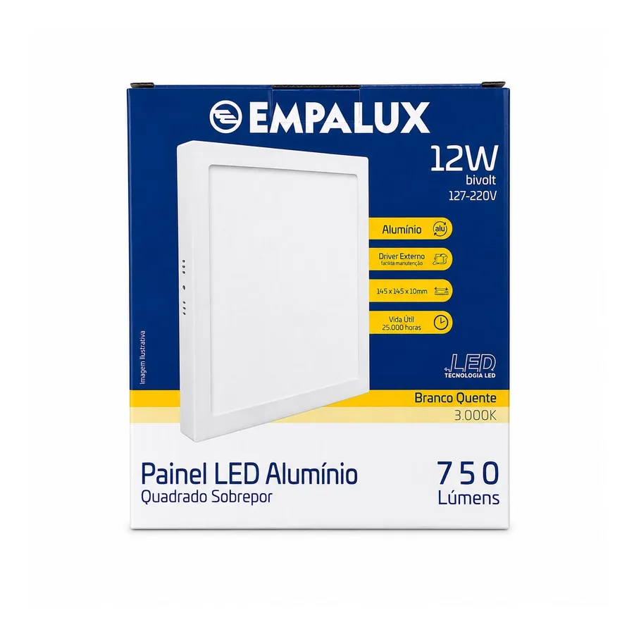 Painel LED Quadrado De Sobrepor 3000K — 12 W · Sobrepor. | Universal · 127 a 220 V (bivolt)
