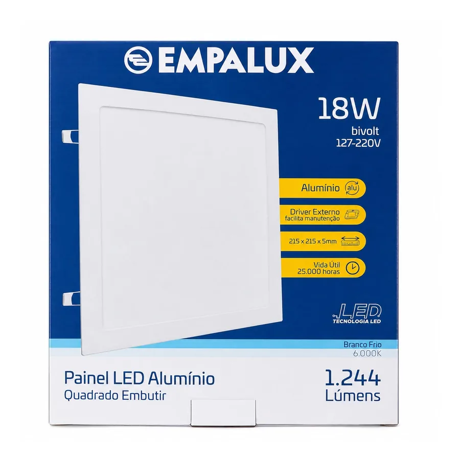Painel LED Quadrado De Embutir 6000K — 22 cm · 18 W · 127/220 V (bivolt)