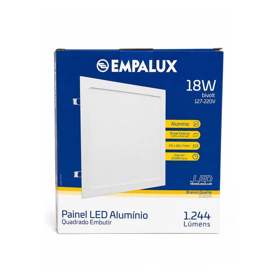 Painel LED Quadrado De Sobrepor 3000K — 18 W · Sobrepor (instalação em superfície) · 127 a 220 V (bivolt)