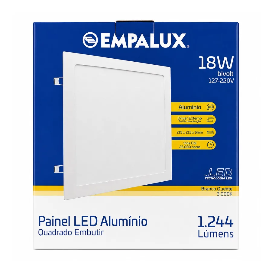 Painel LED Quadrado De Embutir 3000K — 18 W · Universal · 127 a 220 V (bivolt)
