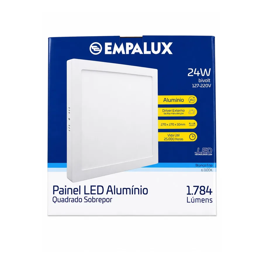 Painel LED Quadrado De Sobrepor 6000K — 30 cm · 24 W · 127/220 V (bivolt)