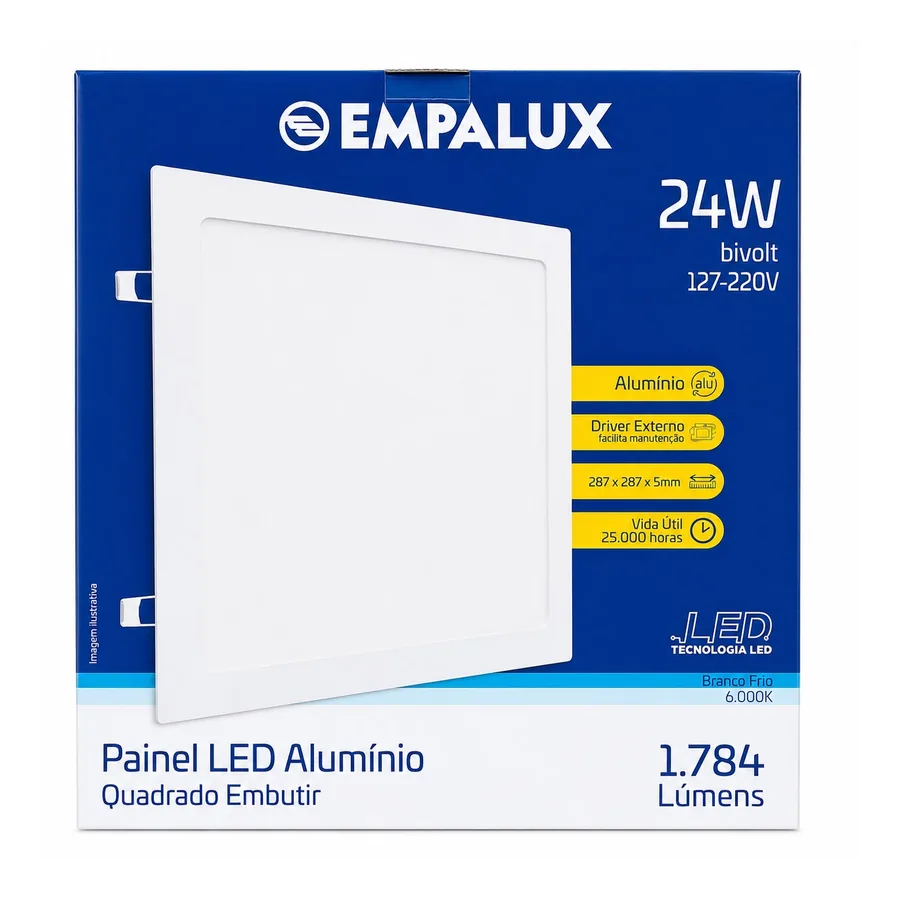 Painel LED Quadrado De Embutir 6000K — 30 cm · 24 W · 127/220 V (bivolt)