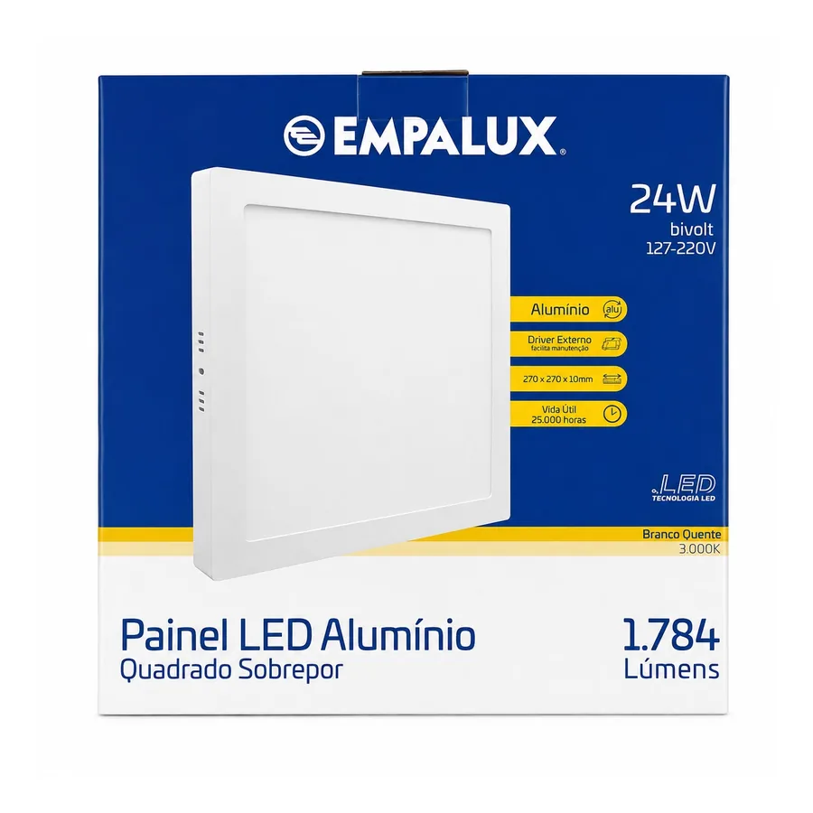Painel LED Quadrado De Sobrepor 3000K — 24 W · Sobrepor. | Universal · 127 a 220 V (bivolt)