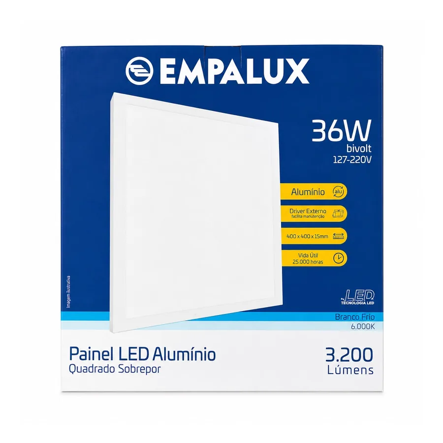 Painel LED Quadrado De Sobrepor 6000K — 36 W · 127/220 V (bivolt)