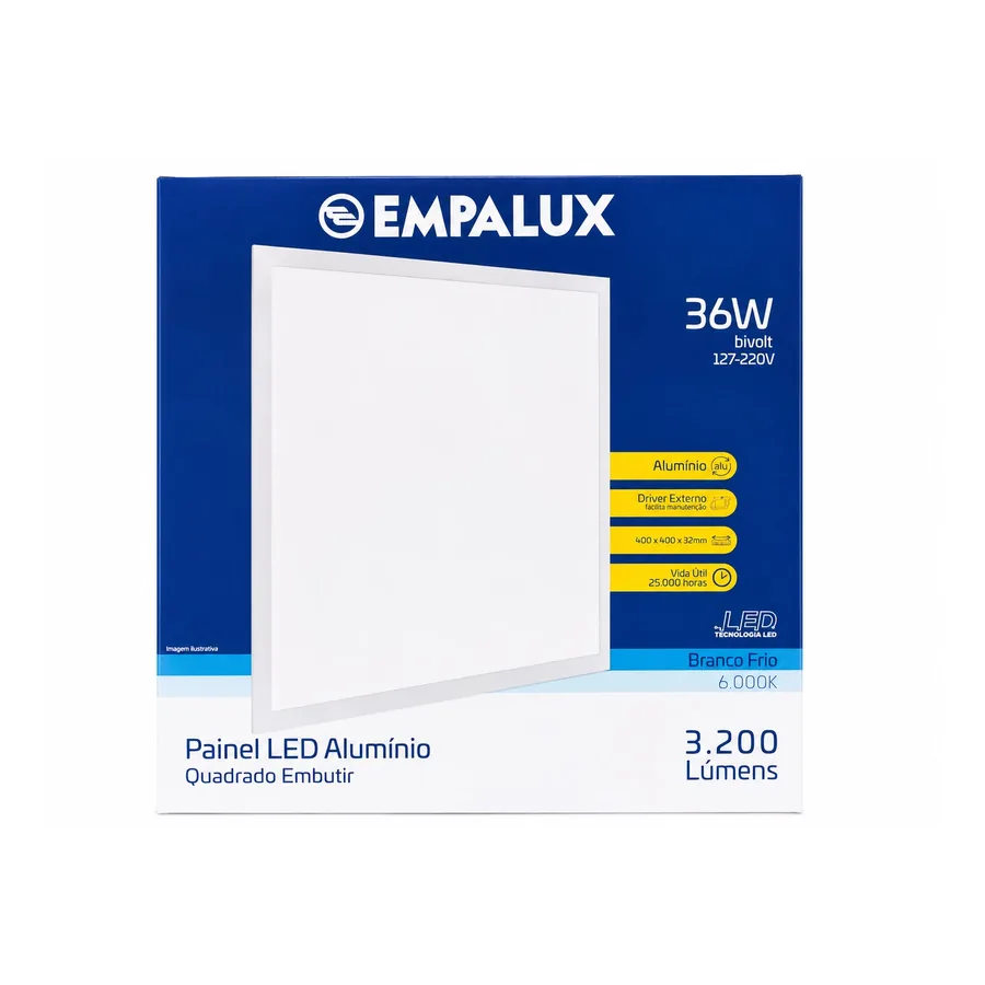 Painel LED Quadrado De Embutir 6000K — 36 W · 127/220 V (bivolt)