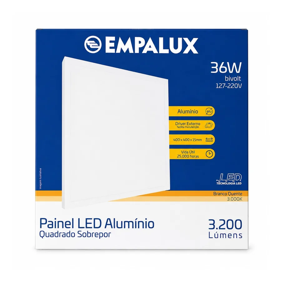 Painel LED Quadrado De Sobrepor 3000K — 36 W · 127/220 V (bivolt)