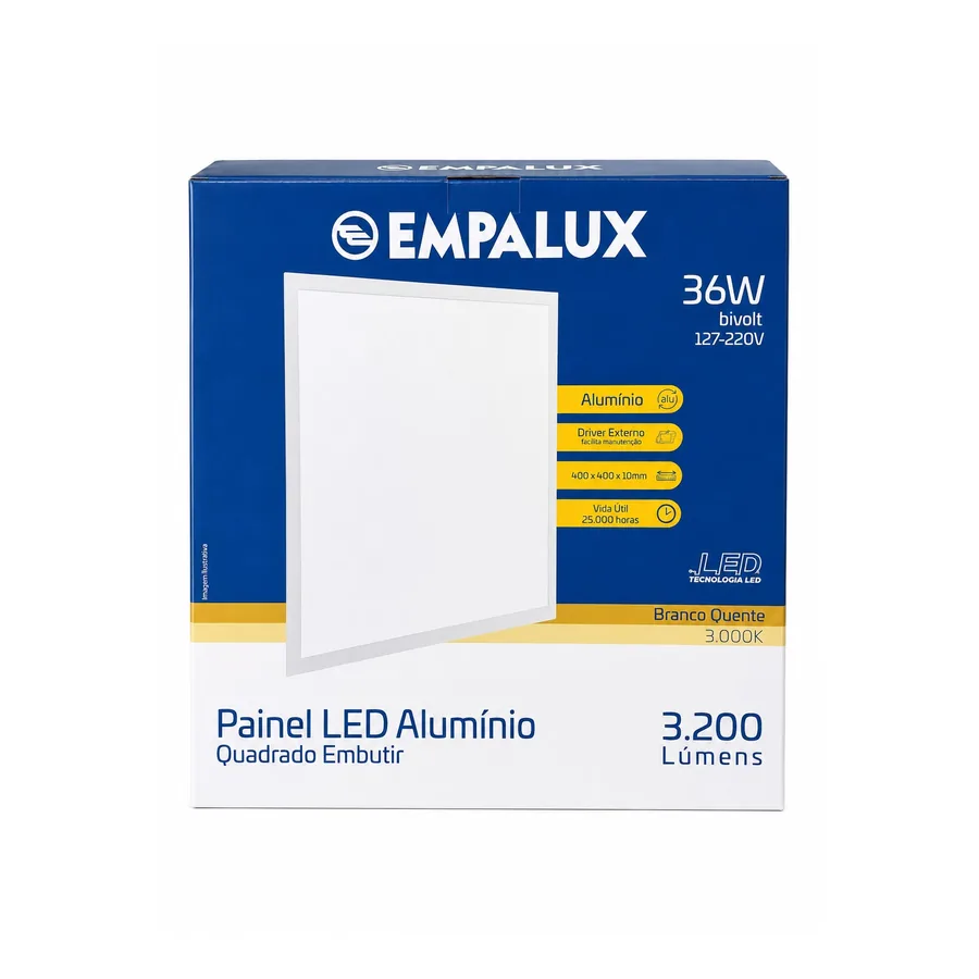 Painel LED Quadrado De Embutir 3000K — 36 W · Bivolt