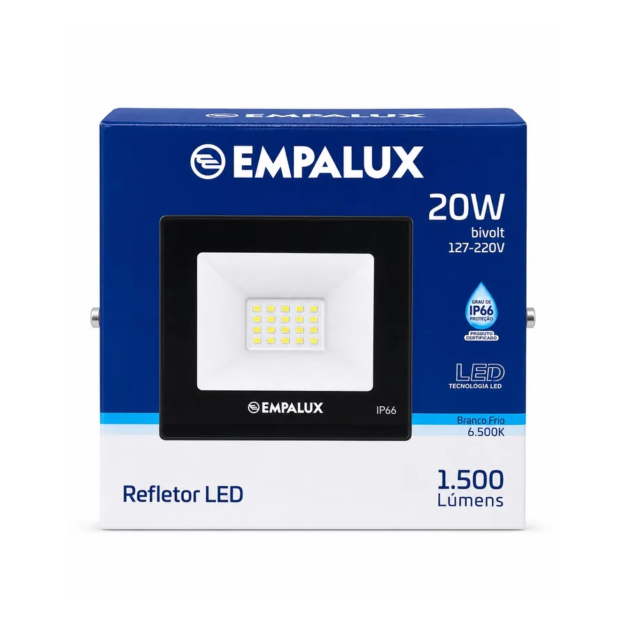 Refletor LED IP66 — 20 W · 6500K · 127–220 V (bivolt)