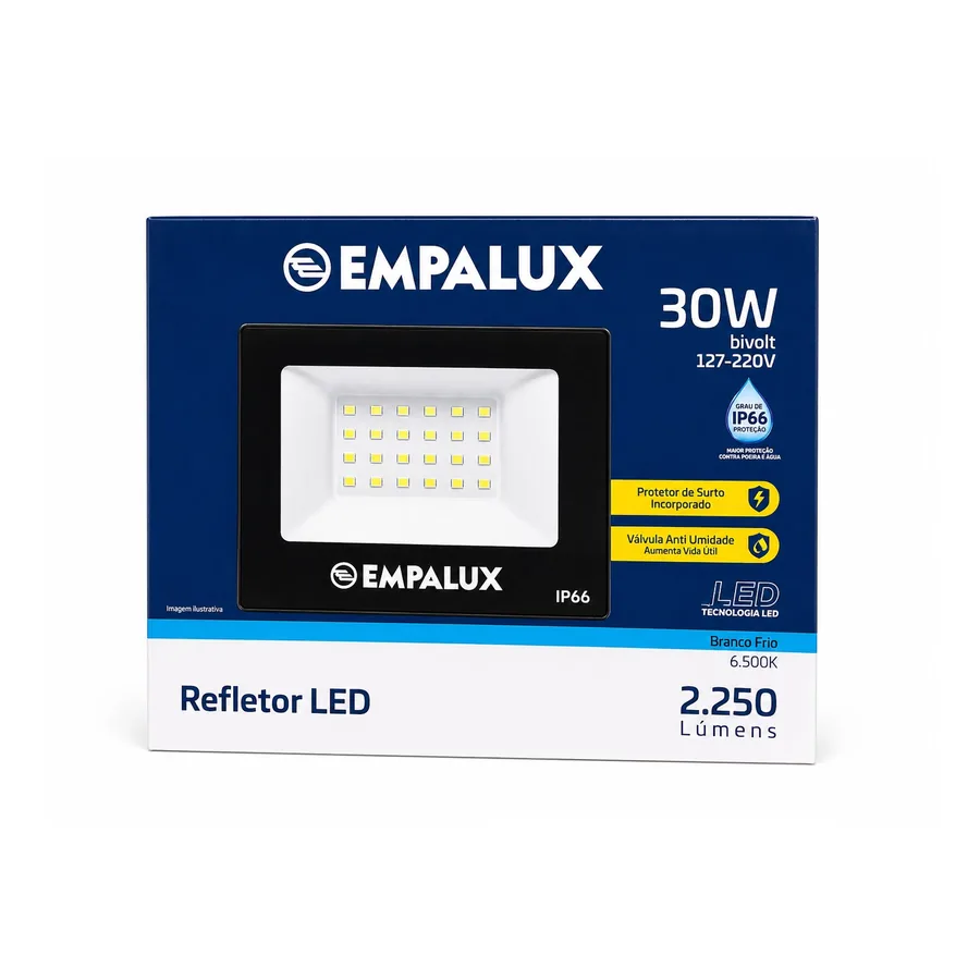 Refletor LED IP66 — 30 W · 6500K · 127–220 V (bivolt)