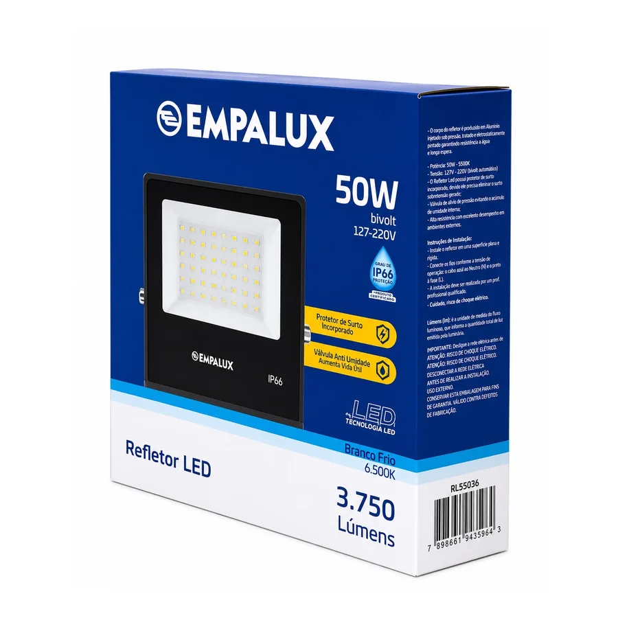 Refletor LED IP66 — 50 W · 6500K · 127–220 V (bivolt)