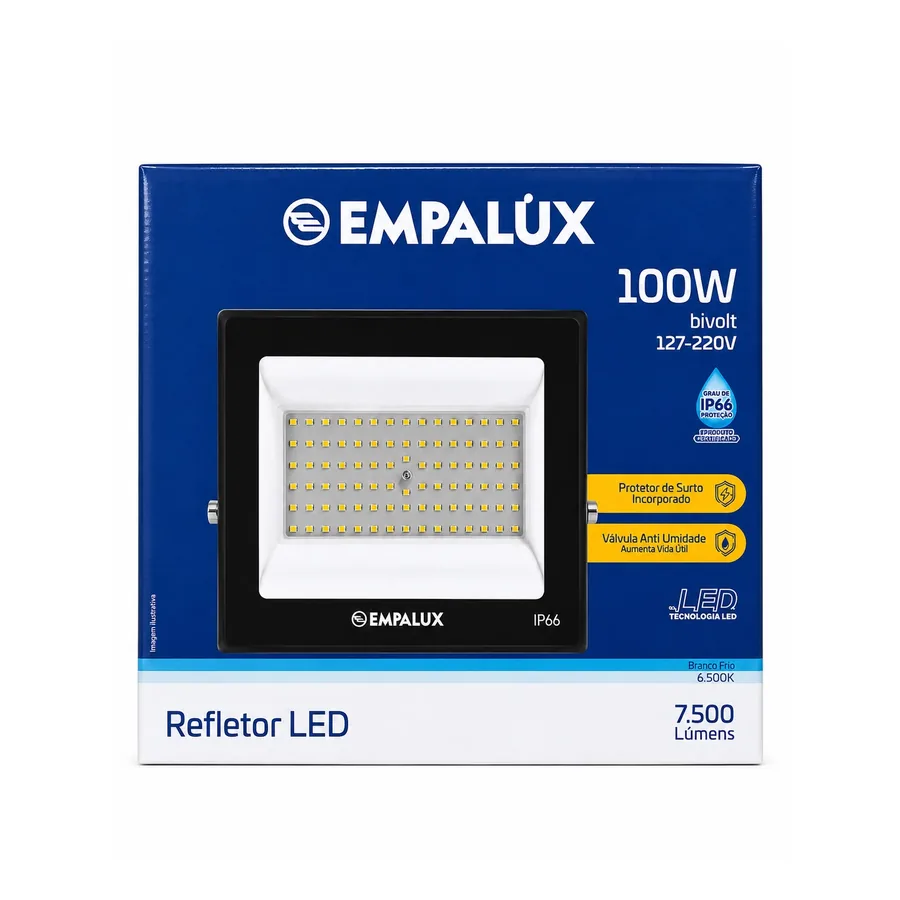 Refletor LED IP66 — 100 W · 6500K · 127–220 V (bivolt)