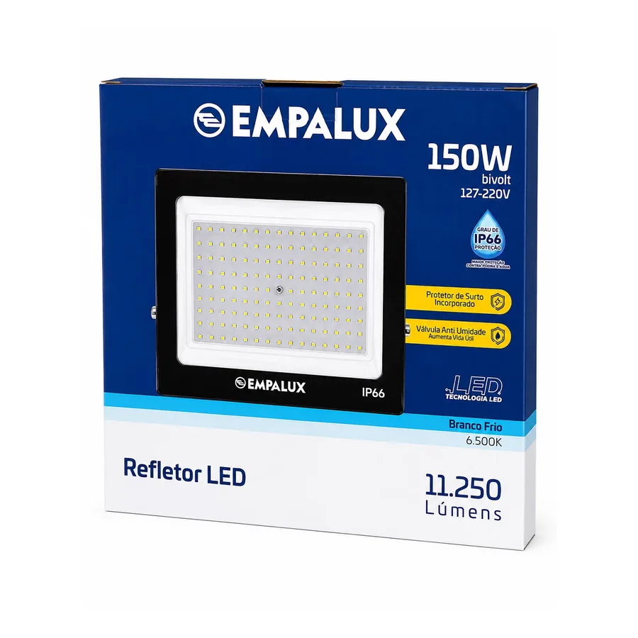 Refletor LED IP66 — 150 W · 6500K · 127–220 V (bivolt)
