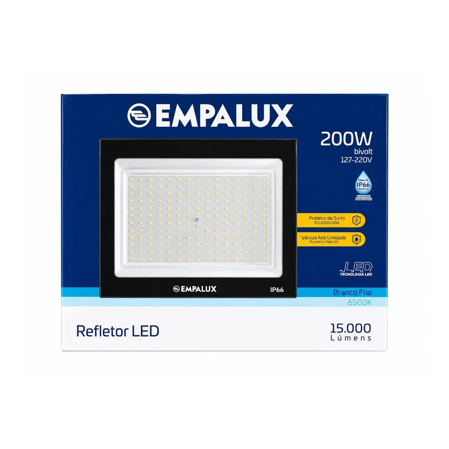 Refletor LED IP66 — 200 W · 6500K · 127–220 V (bivolt)