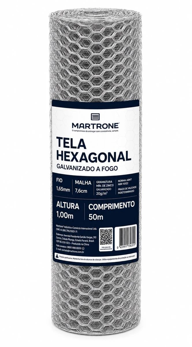 Tela Metálica Hexagonal Galvanizada 1,00 x 50 m — Abertura 76 mm — Fio 1,65 mm