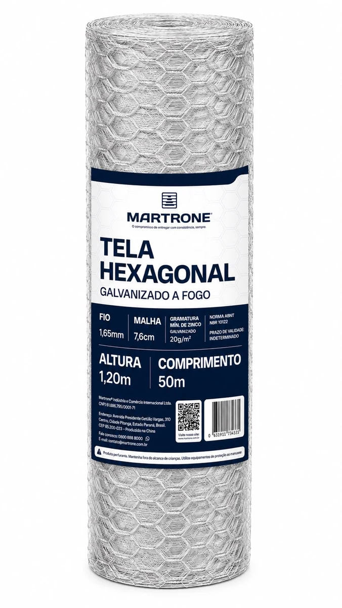 Tela Metálica Hexagonal Galvanizada 1,20 x 50 m — Abertura 76 mm — Fio 1,65 mm
