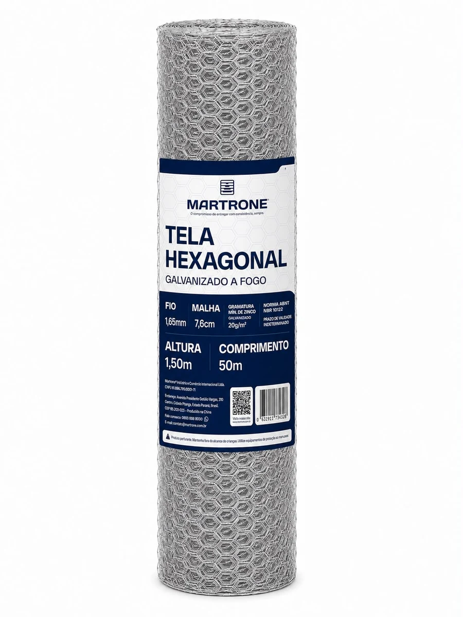 Tela Metálica Hexagonal Galvanizada 1,50 x 50 m — Abertura 76 mm — Fio 1,65 mm