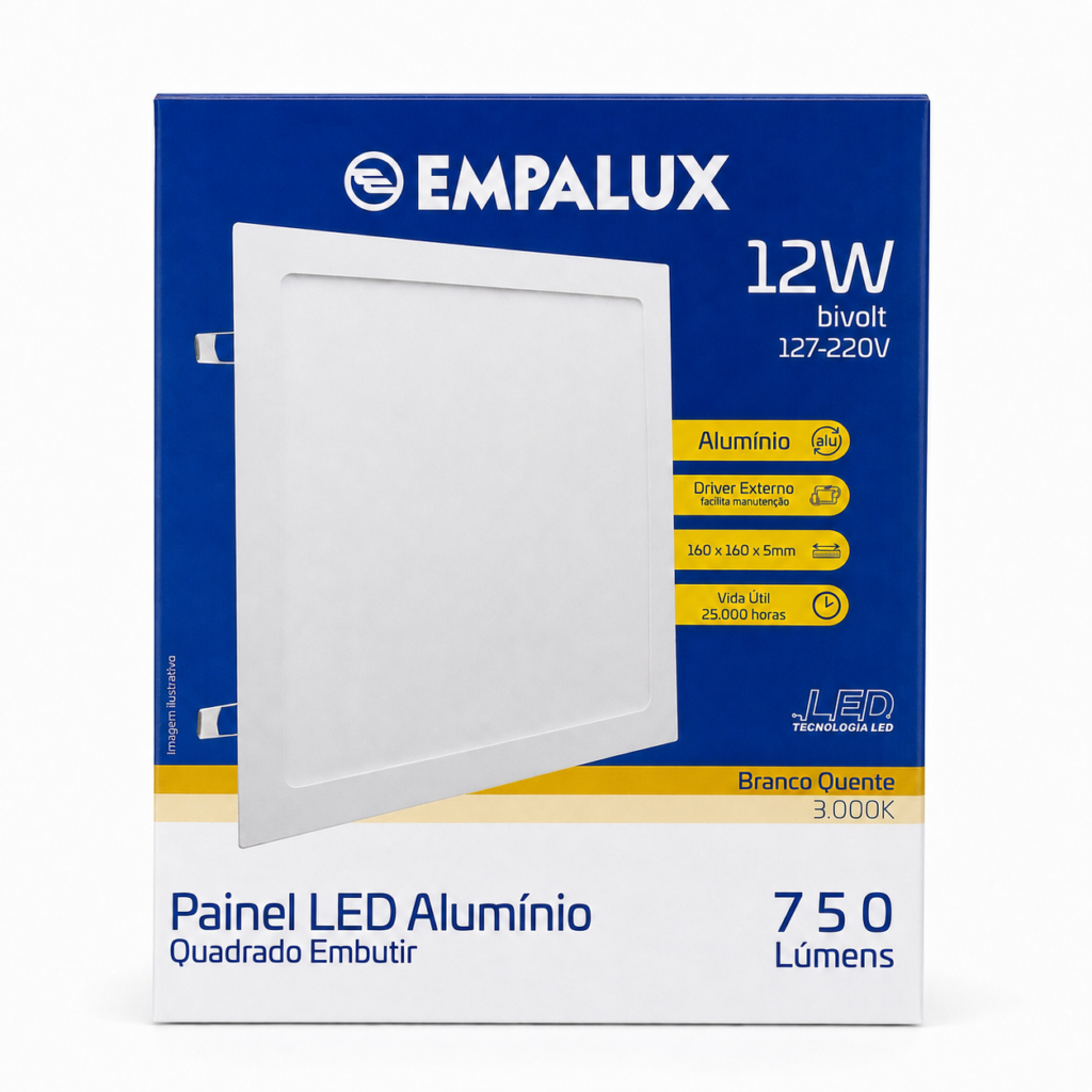 Painel LED Quadrado De Embutir Empalux 3000K — 12 W 16 CM · 127/220 V (bivolt)