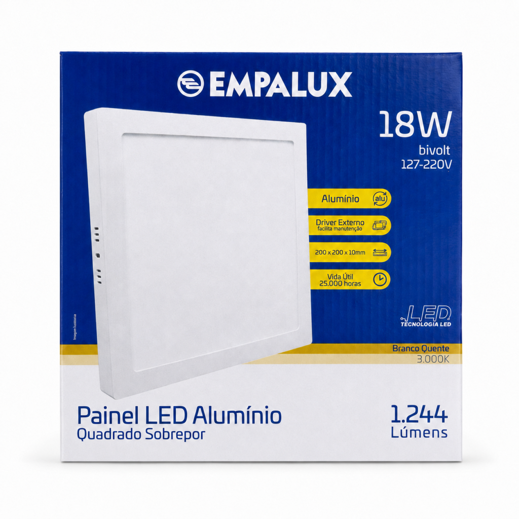 Painel LED Quadrado De Sobrepor Empalux 3000K — 18 W 21,5 CM · Sobrepor (instalação em superfície) · 127 a 220 V (bivolt)