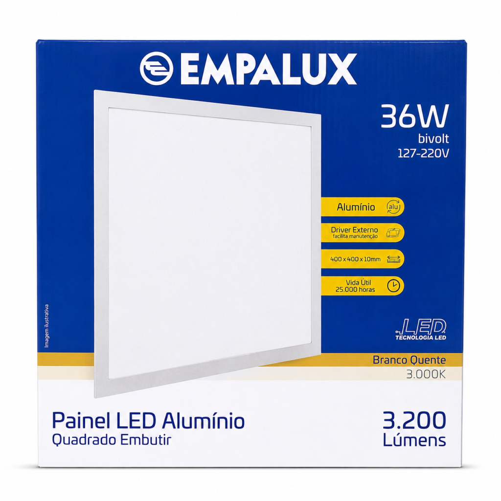 Painel LED Quadrado De Embutir Empalux 3000K — 36 W 40 CM· Bivolt