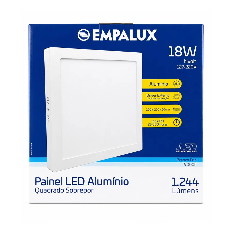 Painel LED Quadrado De Sobrepor 6000K — 22 cm · 18 W · 127/220 V (bivolt)